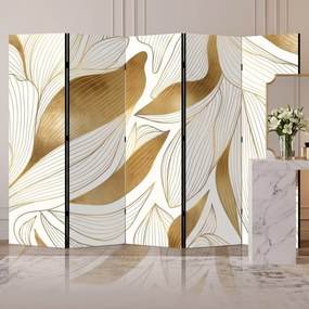 Parawan pokojowy 5-częściowy 225x172 Dwustronny dekoracyjny glamour Beżowy Złote Liście W Ruchu