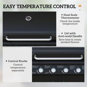 Outsunny Grill Gazowy na Kółkach z Przeszklonym Magazynkiem, Boczny Stół, Boczny Palnik, Półka Grzewcza, Termometr, Stal Nierdzewna, Czarny