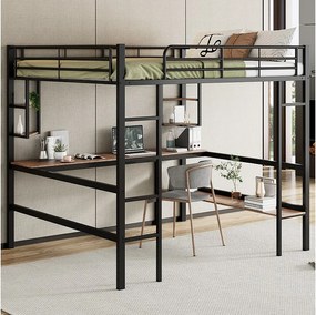 Łóżko piętrowe 140 x 200 cm z biurkiem i półką do przechowywania - metal i drewno MDF - czarne