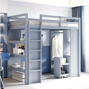 Łóżko piętrowe dla dzieci - 90 x 200 cm - z 1 wyjmowanym wózkiem + pojedyncze wieszaki - drewno + MDF - szare