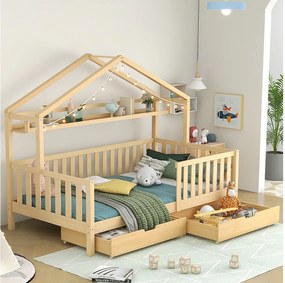 Łóżko kabinowe z 2 szufladami - 90 x 200 cm - drewno sosnowe - dla dzieci - stelaż z listew i barierka zabezpieczająca - kolor naturalny