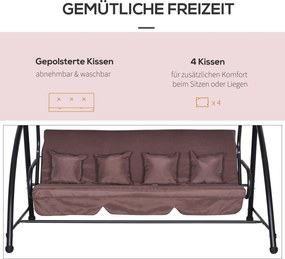 Outsunny Huśtawka Ogrodowa 3 Osobowa z Regulowanym Daszkiem Hamak Wiszący Brązowy Poliester 215x120x165cm | Aosom PL