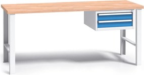Profesjonalny stół warsztatowy G3 z drewnianym blatem roboczym, 1700 mm, 1x 2 szufladowy kontener, niebieski