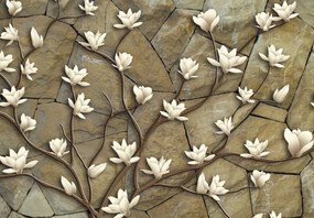 Fototapeta - Białe magnolie na kamieniu (196x136 cm)