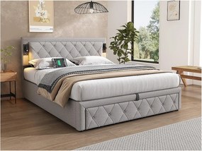 Łóżko z pojemnikiem 160x200cm z tkaniny lnianej - z lampką do czytania i gniazdkiem USB - z stelażem na listwach - Szary