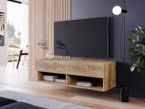 Nowoczesna szafka RTV 100 cm – bezuchwytowa stojąca lub wisząca, 1 klapa, 2 wnęki, kolor kasztan