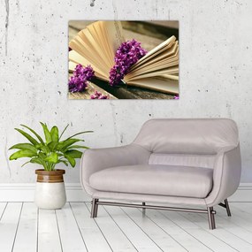 Obraz książki i fioletowych kwiatów (70x50 cm)