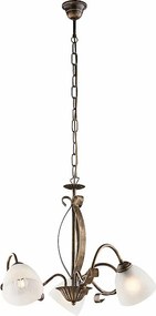 Kuty żyrandol z lakierowanego na brązowo żelaza z dekoracją w kolorze starego złota i szklanymi kloszami d. 13 białego alabastru 3 światła 103 Ø51