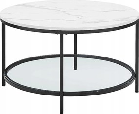Okrągły stolik kawowy Valora w kolorze białego marmuru ze szklaną półką