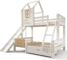 Łóżko piętrowe dziecięce kabinowe - 90 x 200 + 140 x 200 cm - z szufladą + zjeżdżalnią + drabinką - Metal + drewno - białe