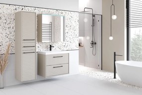 Nowoczesne meble łazienkowe, zestaw wiszący z umywalką, lustrem i słupkiem, fronty MDF fala, kaszmirowy beż mat