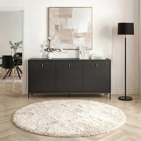 Komoda do Salonu Sypialni MARCOS 154 cm Czarna Ryflowana Trzydrzwiowa z Szufladami Nowoczesna