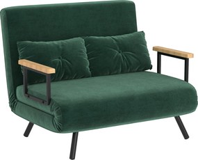 HOMCOM Sofa rozkładana 2-osobowa welurowa, funkcja spania, w zestawie 2 poduszki, welurowe wykończenie, Naturalny + Zielony