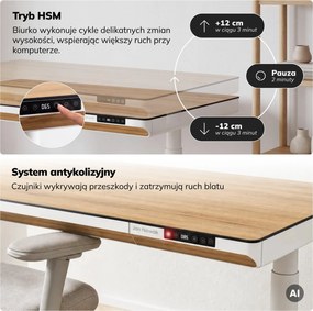 Biurko elektryczne sit-stand z szufladą i ładowarką bezprzewodową Qi białe/złoty dąb, 1600 mm: ELLIS