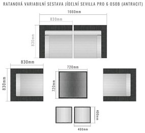 Rattanowy zestaw jadalniany regulowany SEVILLA dla 6 osób (antracyt)