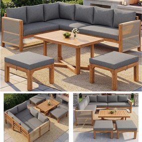 Zestaw mebli ogrodowych modułowych 6-osobowy - sofa + stół + poduszki + 2 stołki - drewno akacjowe - szary