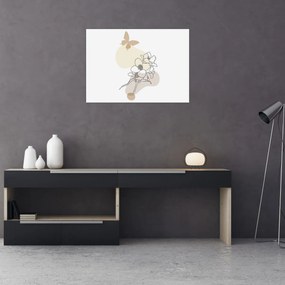 Obraz na szkle - Beżowe kwiaty z motylem N⁰3 (70x50 cm)