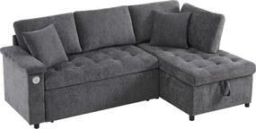 Sofa 3-osobowa, Sofa rozkładana z portami USB i schowkiem, tapicerowane oparcie - Ciemnoszary szenil