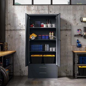 Szafa modułowa metalowa wielofunkcyjna z dwiema szufladami antracytowa MEGAN 1950 x 900 x 400 mm