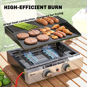 Outsunny Grill gazowy 5 kW przenośny stołowy z 2 palnikami, ceramiczną powłoką i rusztem podgrzewającym | Aosom PL