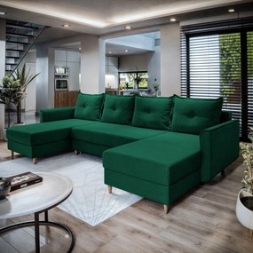 Masseno Narożnik VERNI z funkcją spania i pojemnikiem na pościel Narozniki U, Rozkładana sofa - Butelkowa zieleń, KRONOS 19