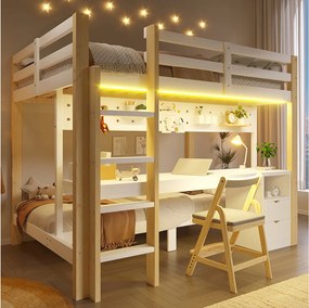 Łóżko piętrowe Enfamt - 90 x 200 cm + 140 x 200 cm - z diodami LED + biurko + szuflady - drewno - naturalny + biały