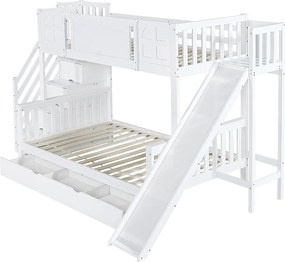 Łóżko piętrowe dla dzieci 90x200 cm - z oknem - ze zjeżdżalnią dla dzieci - szuflady na kółkach - schody z poręczami - drewno lite + MDF - białe (bez materaca)