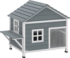 PawHut Domek dla kotów z drewna 2-poziomowa kryjówka z wodoodpornym, otwieranym dachem, boczną platformą, 101x72,5x81cm, Szary | Aosom PL