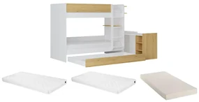 Łóżko piętrowe z wysuwanym posłaniem i 2 biurkami 3 x 90 x 190 cm - Biały i naturalny + Materac - DOMATI