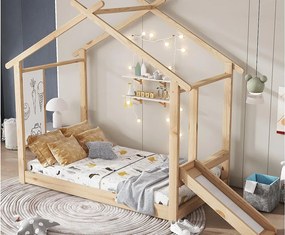 Łóżko domek dla dzieci 90x200cm - ze zjeżdżalnią - z białą tablicą do pisania - z stelażem listwowym - Drewno lite + MDF - Naturalny