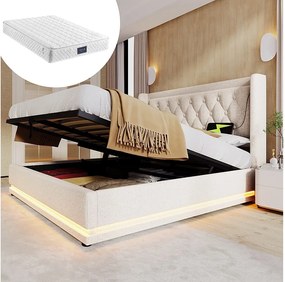 Łóżko tapicerowane dwuosobowe ze schowkiem - 140 x 200 cm - Materac + Leds + Zagłówek z USB - Tkanina bawełniana - Beżowy