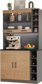 Kredens kuchenny z 4 drzwiami i przegródkami - 100 x 47 x 187 cm - drewno MDF - diody LED i organizacja kabli - naturalny + szary