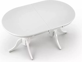 Biały stół Celeste 150-190x90 – elegancki owalny rozkładany stół z MDF lakierowanego na drewinaych rzeźbionych nogach