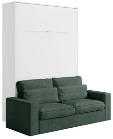 Łóżkochowane w szafie 140 x 200 cm - Otwierane ręcznie w pionie - Z oświetleniem LED - Białe + Zielona kanapa - RAPILI