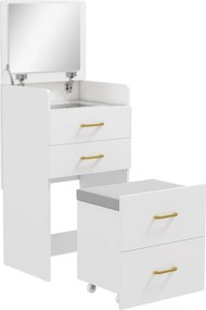 HOMCOM Toaletka 3-w-1 z lustrem, stolik nocny, hoker na kółkach, szuflady, Biały