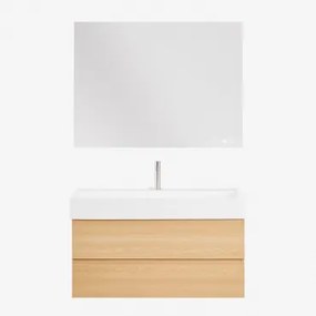 Zestaw Wiszących Mebli Łazienkowych Z Drewna I Forniru Jesionowego Zintegrowany Z Umywalką Ona Naturalna & Prostokątny Led - Sklum