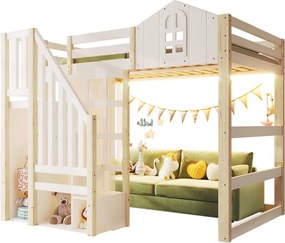 Łóżko piętrowe 140x200 cm - Łóżko młodzieżowe z oświetleniem LED, półkami i drabinką - sosna - białe i naturalne - materac nie jest wliczony w cenę