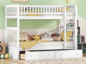 Łóżko piętrowe drewniane z szufladami i drabinką - 90x200cm - Białe
