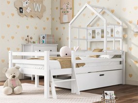 Łóżko kabinowe 90x200cm - lite drewno - z drabinką + szufladami + zabezpieczenie przed upadkiem - Białe