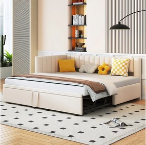 Łóżko wysuwane 90/180 x 200 cm w kształcie litery L, Sofa rozkładana - Aksamit - Stelaż z listew - Beżowy (bez materaca)
