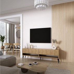 Szafka pod telewizor 170, fronty ryflowane, Dąb Craft, nóżki pochyłe czarne, 170 × 32 × 52 cm