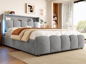 Tapicerowane łóżko z pojemnikiem 140x200 cm - z oświetleniem LED - z portami USB + Type-C - welur - szary (materac nie jest dołączony)