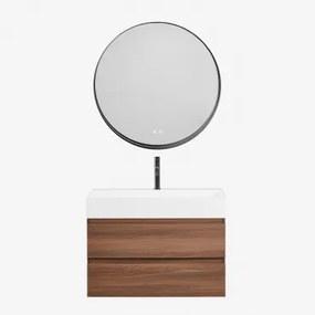 Zestaw Wiszących Mebli Łazienkowych Z Drewna I Forniru Jesionowego Zintegrowany Z Umywalką Ona Ciemna Czerń - Sklum