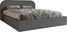 Łóżko bouclé 200x200 Dune, dwuosobowe z okrągłym zagłowiem, pojemnik, stelaż drewniany - ciemnoszary