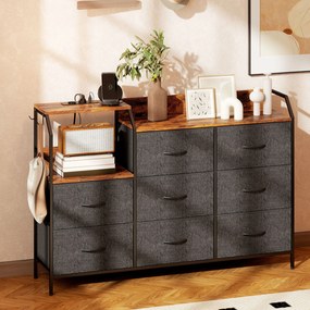 HOMCOM Komoda z 8 materiałowymi szufladami, stalowy stelaż, stacja ładowania, Rustykalny-Brąz+Czarny | Aosom PL
