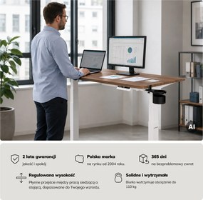 Biurko elektryczne z regulacją wysokości ergonomiczne białe/orzech,1200x600 mm: ARIA