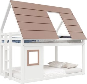 Łóżko piętrowe dla dzieci - 140 x 200 cm - z dachem + drabinka - MDF + drewno - białe i brązowe