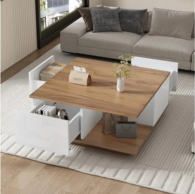 Biały kwadratowy stolik kawowy z 3 szufladami do przechowywania i blatem z widocznym usłojeniem drewna – Do salonu