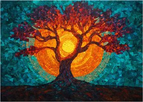 Obraz na szkle - Drzewo życia i słońce w mozaice (70x50 cm)