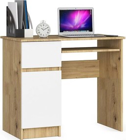 Biurko komputerowe AKORD PIKSEL Dąb Artisan 90 cm lewe 1 drzwi 1 szuflada kolor Biały mat 3 półki 90x50x77 cm